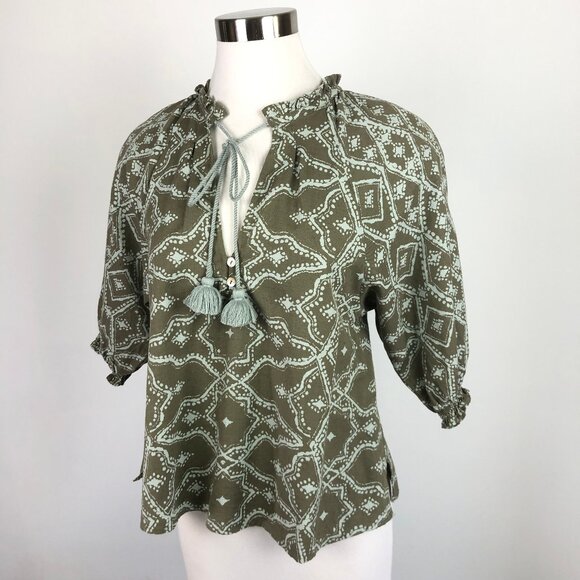 Omika NWOT Batik Linen Blend Peasant Blouse Handmade India Tassel XS Runs Larger - Picture 1 of 8